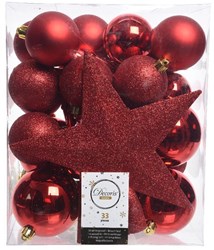 Bolas de Navidad set plástico decoración árbol rojo 33 piezas con estrella