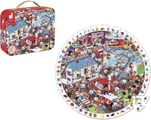 Janod puzzle bomberos - puzzle redondo de observación 208 piezas - juego de búsqueda-2