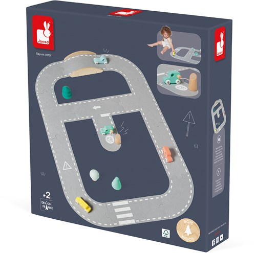 Janod Bolid - Mapa de carreteras de fieltro - Circuito de coches con accesorios de madera