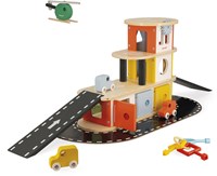 Janod garaje de madera Bolid - parking con coches y helicóptero
