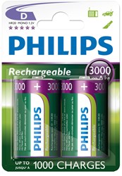 Pilas recargables D NiMH 3000mAh - 2 unidades - Philips