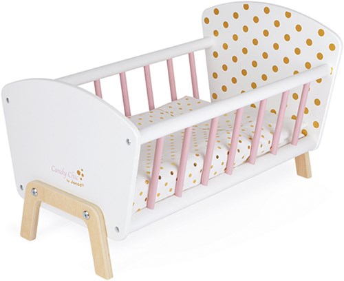Janod cama de muñecas de madera Candy Chic - rosa blanco dorado - accesorio muñeca