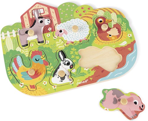 Janod puzzle de madera animales de granja - puzzle con perillas 6 piezas-2