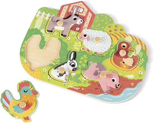 Janod puzzle de madera animales de granja - puzzle con perillas 6 piezas-3
