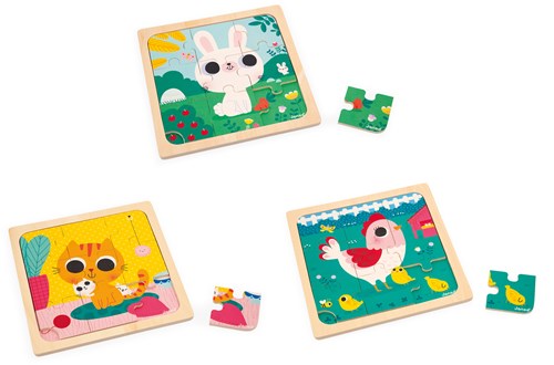 Janod set de rompecabezas - puzzles de animales de madera - 3 puzzles de 9 piezas