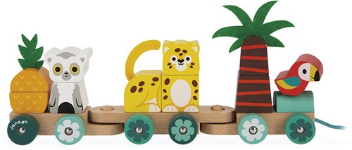 Janod Tropik - Tren de arrastre de madera Tropen Express - Juguete educativo