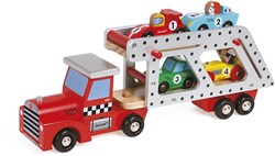 Janod transportador de coches de madera - camión de juguete con 4 autos de carreras