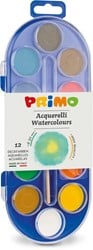 Primo Primo - 12 Aquareltabletten Diameter 30 mm in Plastic Doosje met Deksel/Mengpalet, 1 Penseel