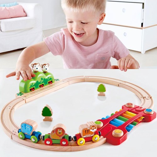 Hape circuito de tren de madera monos musicales - set de juguete jungla-3