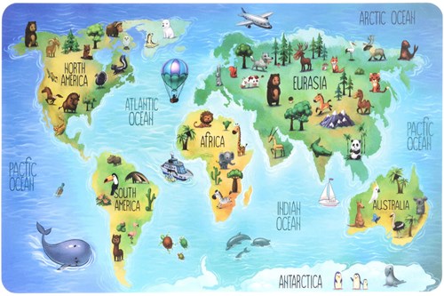 Set de 12 manteles educativos mapa mundial animales plástico-2