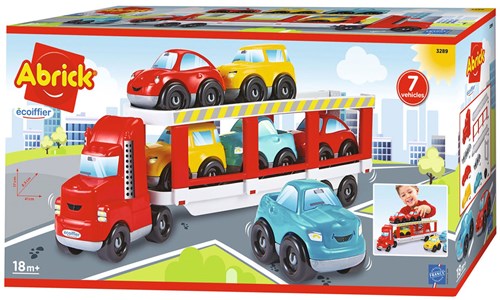 Transportador de coches Abrick camión de juguete con 6 autos plástico