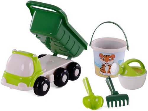 Camión volquete de playa set de juguetes con cubo y herramientas verde 5 piezas-3