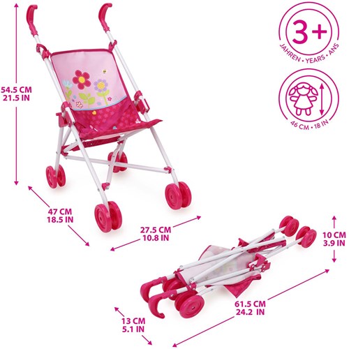 Cochecito de juguete rosa con estampado floral para muñecas hasta 46 cm-3