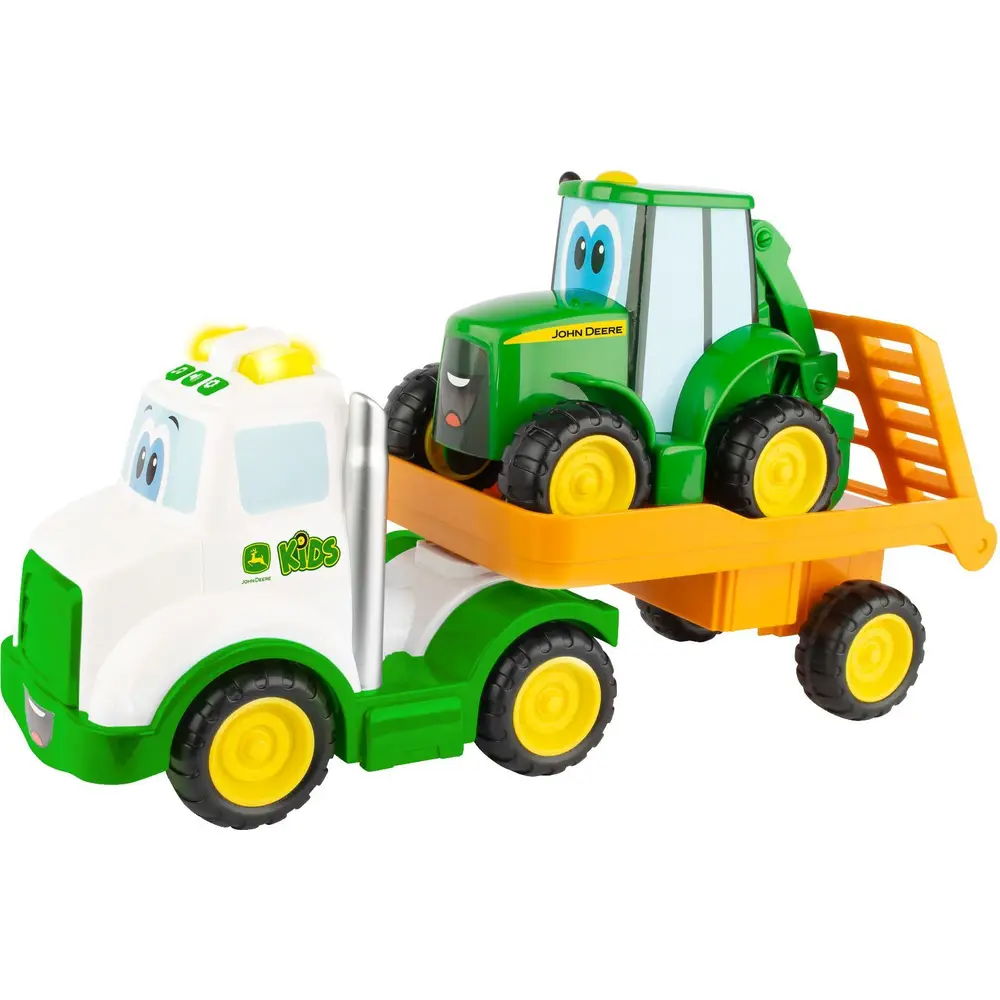 John Deere tractor de juguete y camión transportador - vehículo de granja interactivo