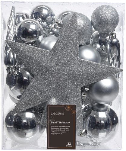 Bolas de Navidad set plateado plástico purpurina mix 33 piezas árbol