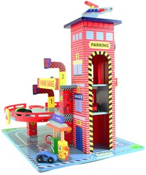 Mentari garaje de madera rojo - parking de juguete con ascensor