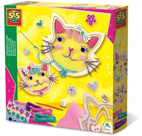 Ses bordado sobre tul tema gatos - set creativo de bordado para niños