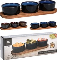 Excellent Houseware set de servir de cerámica en bandeja de madera 4 piezas azul