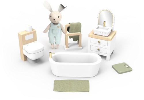 Speedy Monkey baño casa de muñecas set de madera con personaje