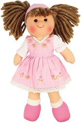 BigJigs muñeca Rose - muñeca de tela niña con vestido rosa y pelo castaño