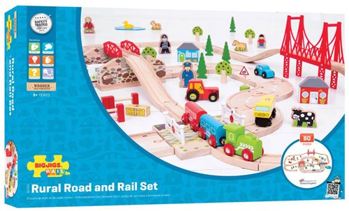BigJigs set de tren de madera rural - vía de tren y carretera juguete