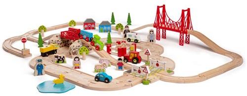 BigJigs set de tren de madera rural - vía de tren y carretera juguete-2