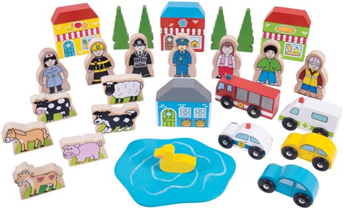 BigJigs accesorios de vías de tren de madera - Set de expansión con figuras y edificios-2