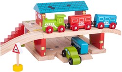 BigJigs estación de madera - juguete de tren y carretera para niños