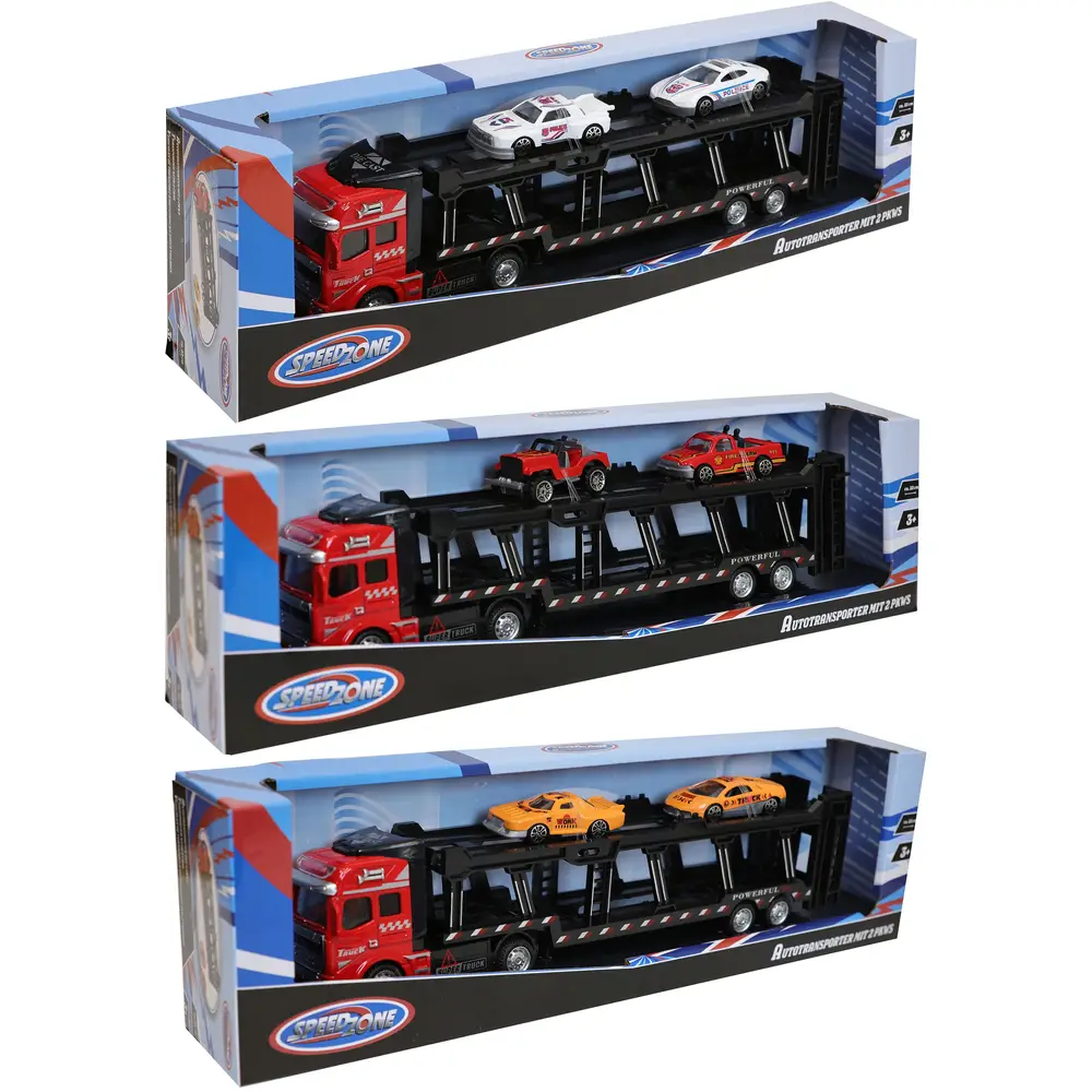 Speedzone camión transportador de coches de juguete con 2 autos - 33 cm