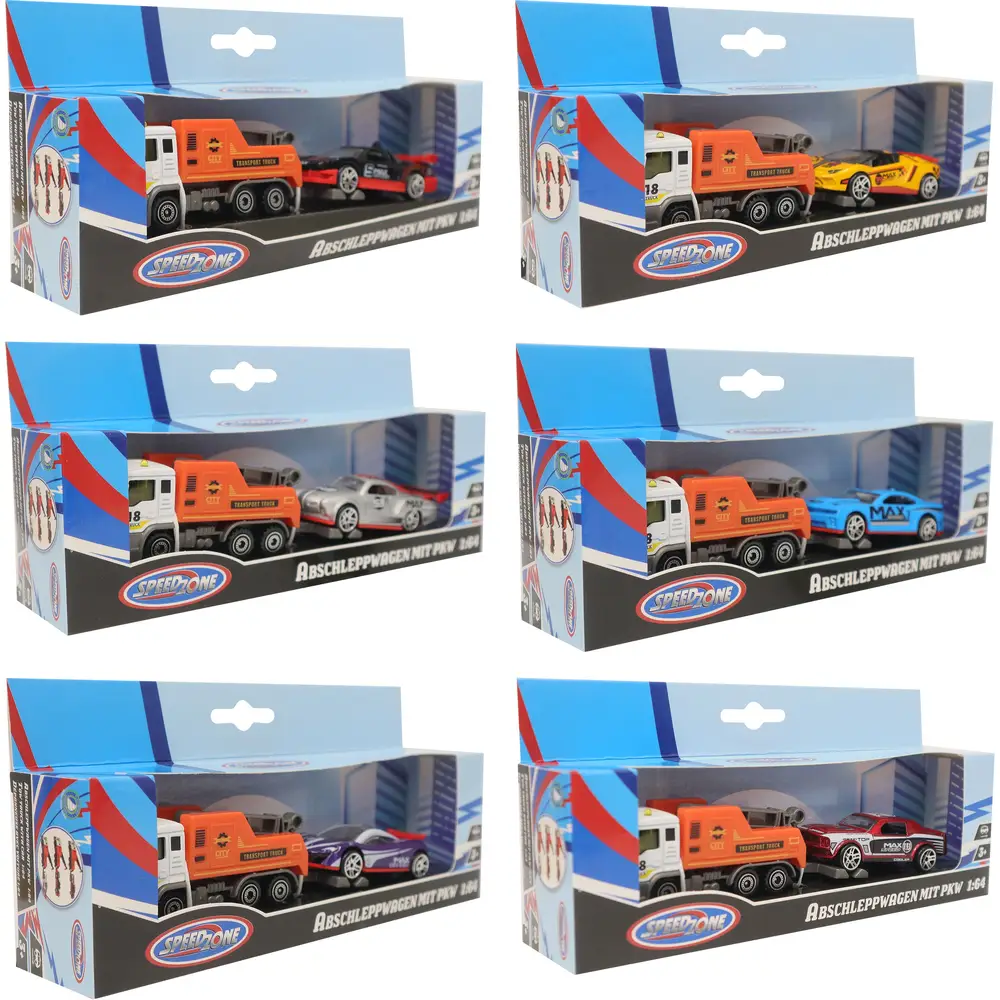 Speedzone camión de remolque juguete con coche de carreras 1:64 - 6 versiones