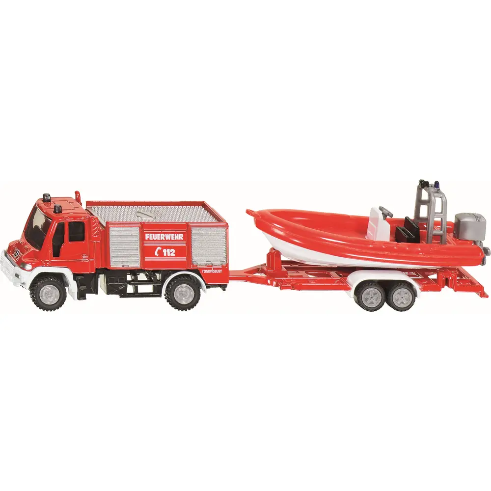 Siku camión de bomberos Unimog de juguete con barco - escala 1:87