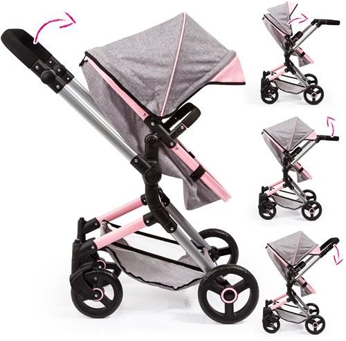 Bayer Chic 2000 cochecito muñecas Neo Vario rosa gris ajustable juguete-2