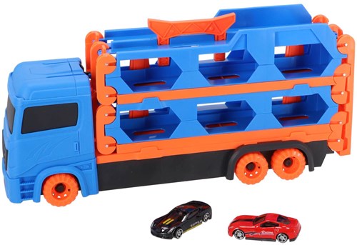 KiddyGo camión transportador de coches de juguete con pista y 2 coches metálicos-2