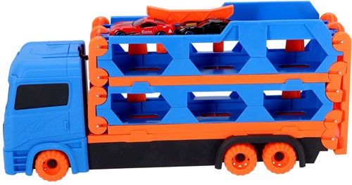 KiddyGo camión transportador de coches de juguete con pista y 2 coches metálicos-3