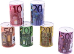 Hucha de metal con estampado de billetes de euro 28165