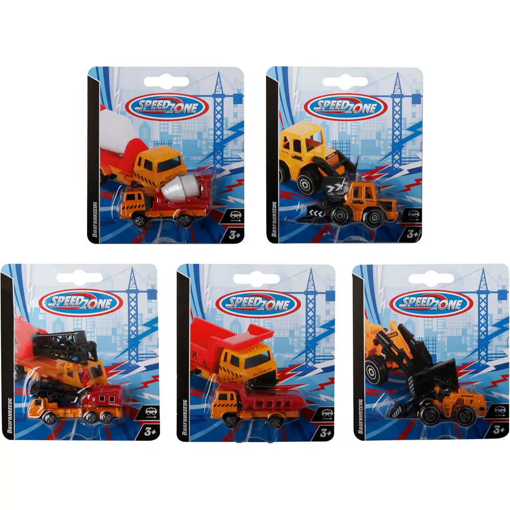 Speedzone vehículos de construcción juguete set - 7 cm - 6 modelos diferentes