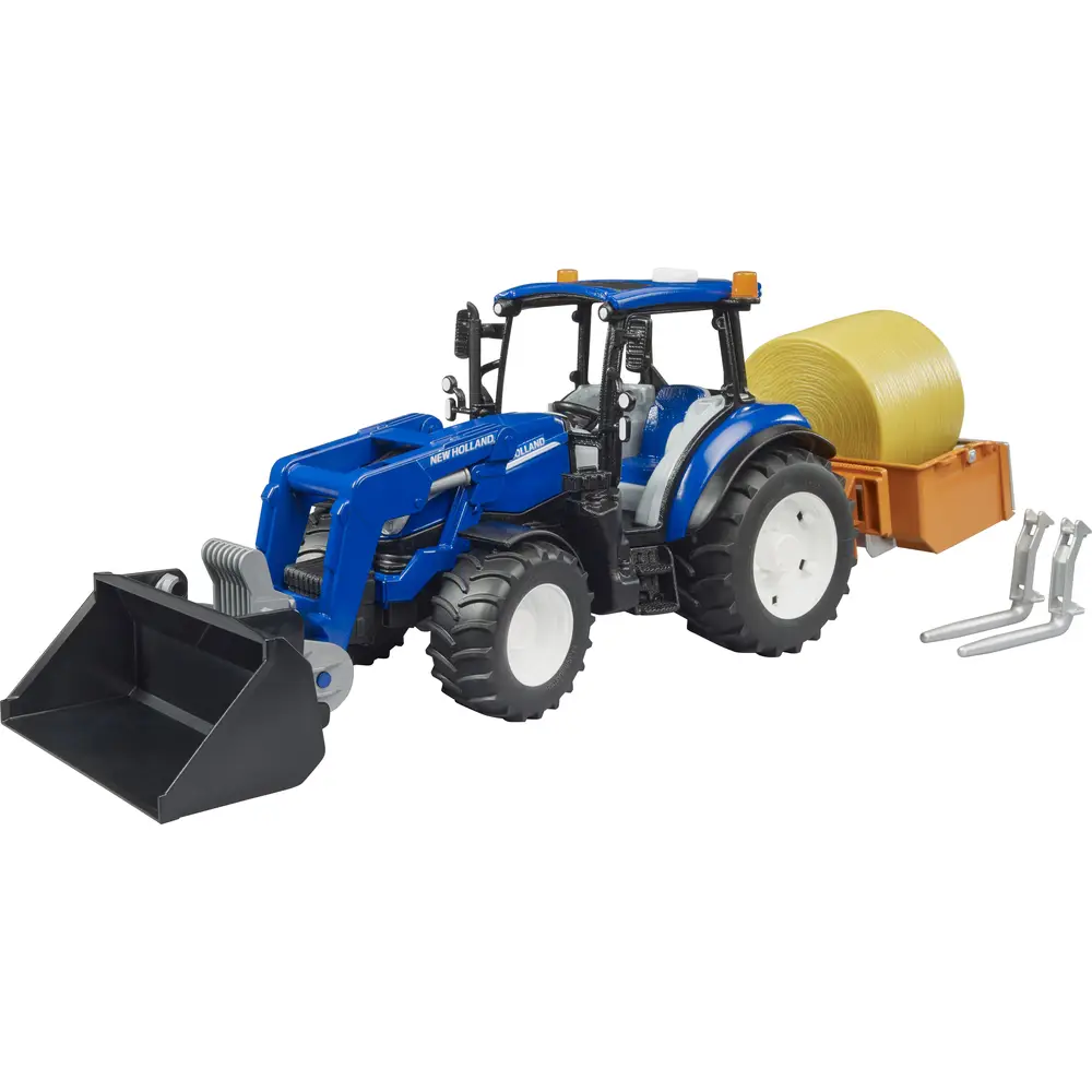 Bruder tractor juguete New Holland T5.120 con cargador frontal y accesorios