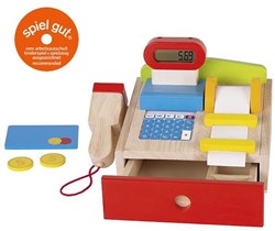 Goki caja registradora de madera con calculadora real juguetería