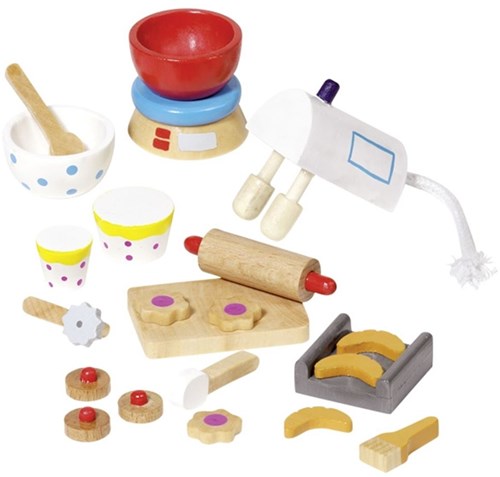 Goki accesorios de repostería de madera para casa de muñecas 22 piezas - set de repostería