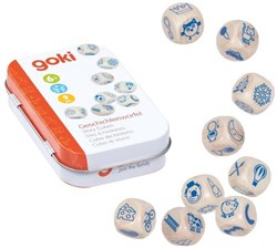 Goki juego de dados - cubos de historias juego de madera en lata