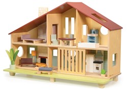 Mentari casa de muñecas de madera Cedar Chalet con muebles - juguete educativo
