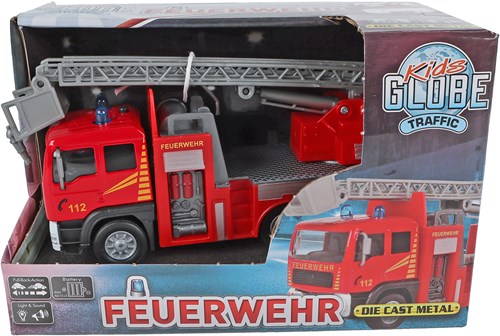 Kids GLOBE camión de bomberos juguete escalera die cast luz sonido 16cm-3