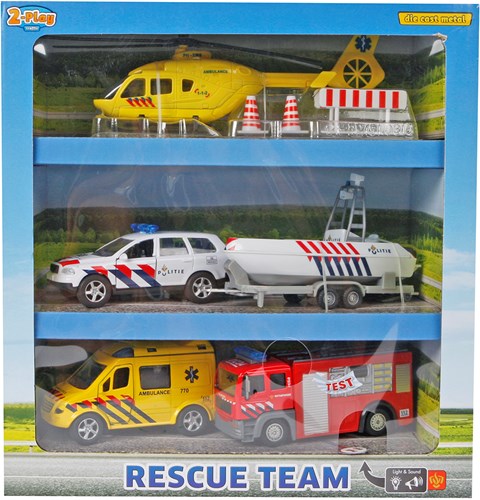 2-Play set de vehículos de emergencia con coches die-cast y helicóptero-3