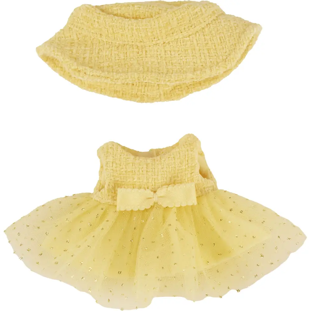Heless conjunto muñeca monstruo vestido Bouclé con sombrero pescador amarillo kawaii 15 cm