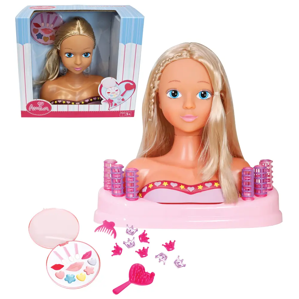 Amia cabeza de maquillaje y peinado con accesorios, cabeza de muñeca 27 cm