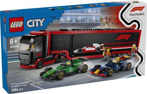 LEGO 60445 City F1 truck met RB20 en AMR24 F1 auto's