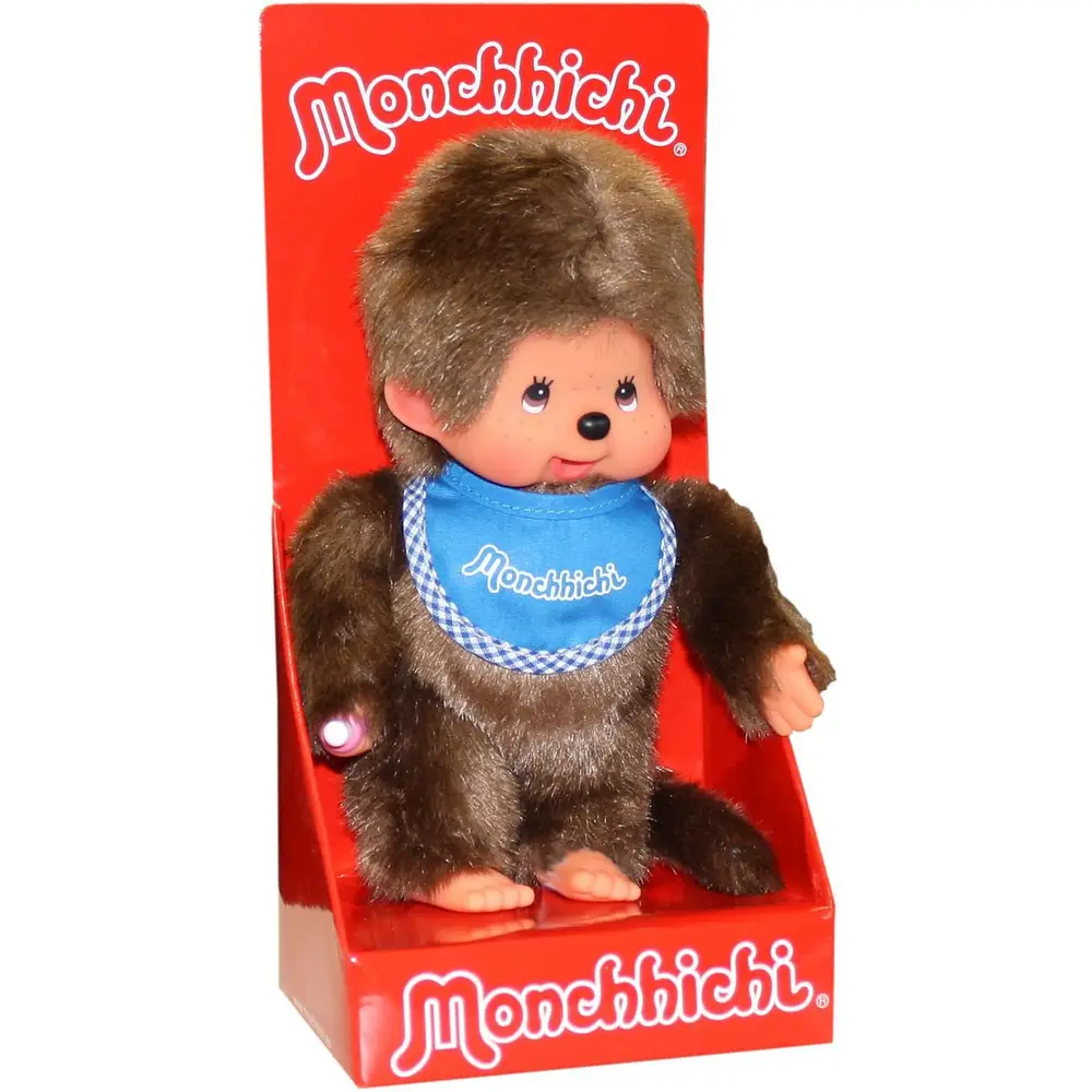 Monchhichi muñeco de peluche niño - babero azul - 20 cm - juguete clásico