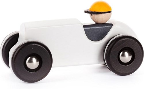 Bajo coche de carreras retro de madera - juguete blanco sostenible
