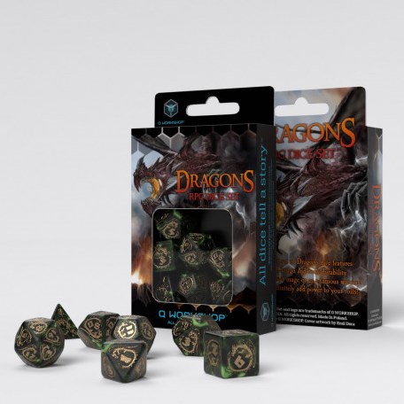 Q-Workshop Dragones - Juego de dados verde botella y dorado (7)