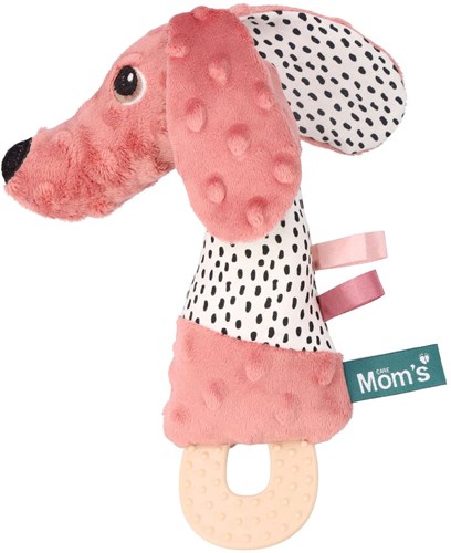 Mom's Care juguete de dentición para bebé perro Jami rosa con sonajero y etiquetas